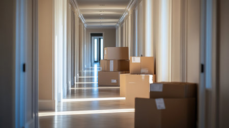 A hallway filled with moving boxes, a clear sign of a new home transition underway.の素材