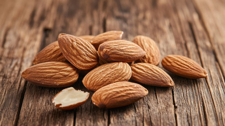 A handful of roasted organic almonds placed on a wooden table, with a few broken pieces visible.の素材