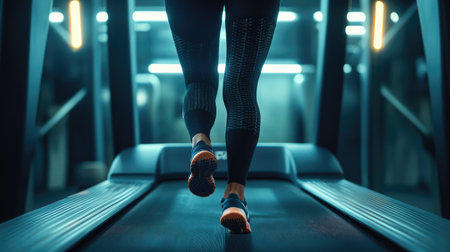 Legs in compression leggings pounding the treadmill belt as a female athlete powers through her runの素材