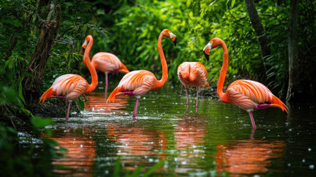 A harmonious scene of flamingos gracefully interacting in a lush, green wetland.の素材
