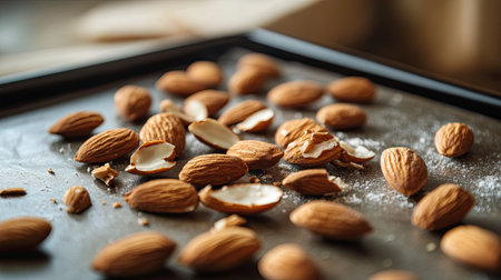 A fresh batch of roasted organic almonds cooling on a baking sheet, with some almonds cracked open.の素材