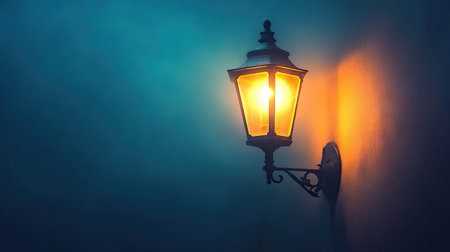 A single street wall lamp glowing in dense fog, creating an eerie ambiance.の素材