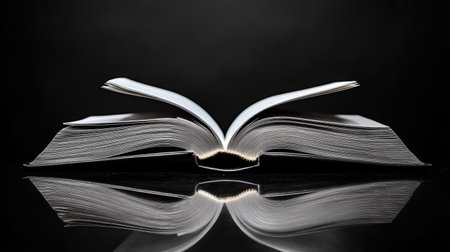 A dramatic shot of an open book on a high-gloss black table, reflecting its crisp pages.の素材