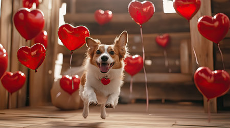 Playful dog chasing heart-shaped balloons in a festive Valentine-themed setting.の素材