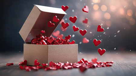 Open gift box with red hearts spilling out, symbolizing love and surprise for Valentine's Day.の素材