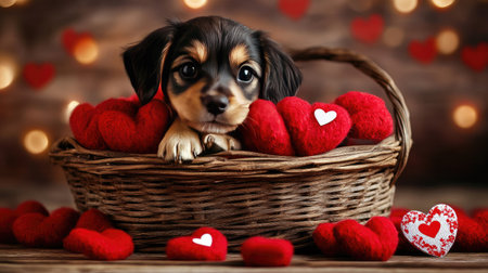 Puppy lying in a basket filled with red hearts and Valentine's Day cards.の素材