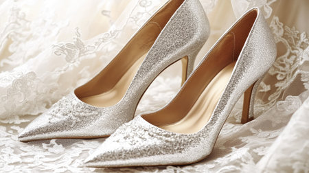 Pair of shimmering silver high heel wedding shoes resting beside a lace-trimmed wedding dress.の素材