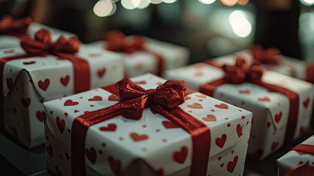 Multiple gift boxes adorned with heart motifs and tied with red bows, perfect for Valentine's Day.の素材