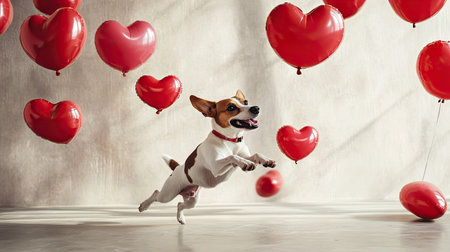 Playful dog chasing heart-shaped balloons in a festive Valentine-themed setting.の素材
