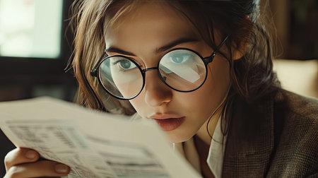 Professional businesswoman inspecting a printed stock report with a magnifying glass, making strategic decisions.の素材