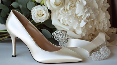 Pair of timeless high heel wedding shoes with ivory satin, arranged near a bridal bouquet and lace ribbon.の素材