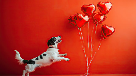 Playful dog chasing heart-shaped balloons in a festive Valentine-themed setting.の素材