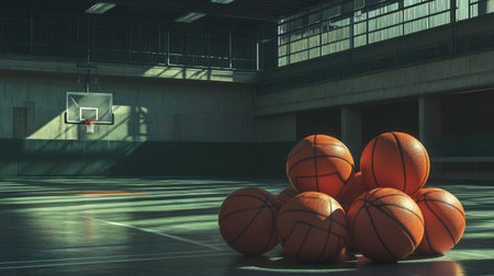 Several basketballs stacked up inside a gym with an empty basketball court in the background.の素材