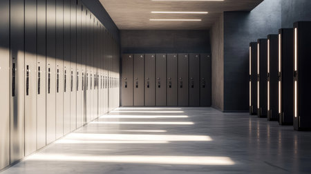 Row of high-tech, luxury lockers with secure access systems in a modern, well-lit interior.の素材