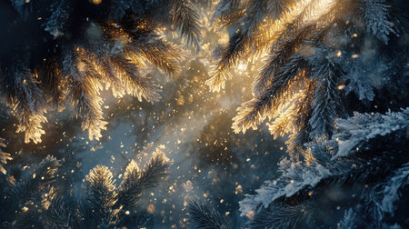 Snow-draped pine needles glittering with frost as sunlight filters through the trees.の素材