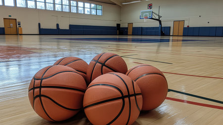 Stack of basketballs resting on the gym floor, with a basketball hoop and court markings in the background.の素材