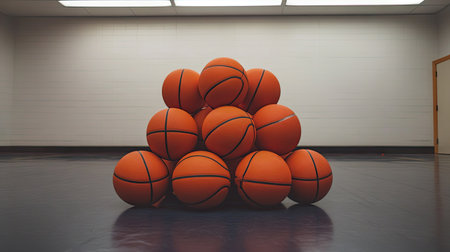 Stack of vibrant orange basketballs neatly arranged on the gym floor, ready for practice.の素材