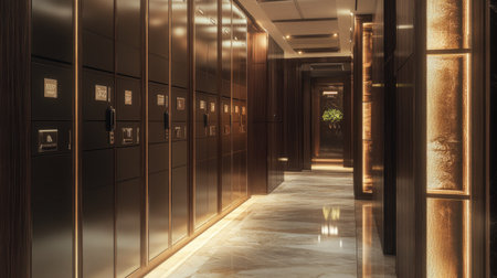 Row of luxury lockers with advanced keyless security systems, perfect for high-end private spaces.の素材