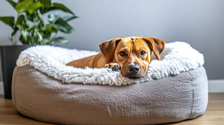 Small dog curled up on a fluffy dog bed pillow, surrounded by a tranquil and cozy atmosphere.の素材