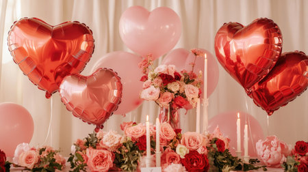 Romantic Valentine's Day setup with heart-shaped balloons, candles, and flowers on a table.の素材