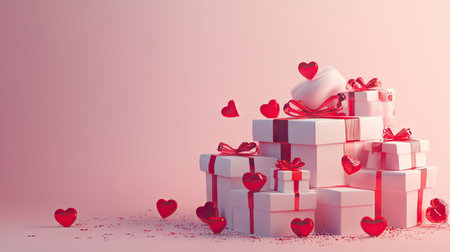 Pile of wrapped Valentine's gift boxes with red hearts spread across a soft pink background.の素材