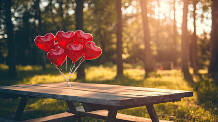 Romantic outdoor Valentine's Day setup with heart-shaped balloons tied to a picnic table.の素材