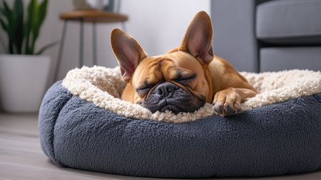 Relaxed dog sleeping on a soft, fluffy pillow dog bed, looking calm and peaceful in a cozy room.の素材