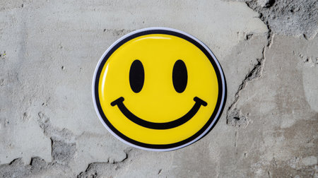Single yellow smiley face sticker with bold black features against a flat, white backdrop.の素材