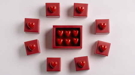 Small Valentine's Day gift boxes arranged in a circle with red hearts filling the center.の素材