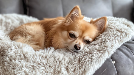 Small dog curled up on a fluffy dog bed pillow, enjoying a peaceful nap under a cozy blanket.の素材