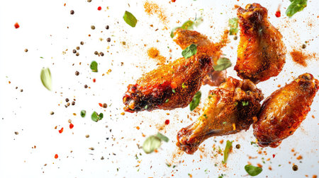 Golden roasted chicken wings seasoned with aromatic spices, as the spices fly in the air, captured on a white background.の素材