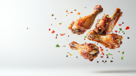 Delicious roasted chicken wings with a sprinkle of spices flying through the air, isolated on a clean white background.の素材