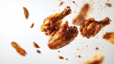 Golden roasted chicken wings seasoned with aromatic spices, as the spices fly in the air, captured on a white background.の素材