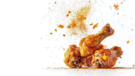 Golden, crispy chicken wings roasted to perfection, with a burst of spices flying above them, isolated on a white background.の素材