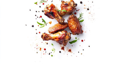 Crispy, golden roasted chicken wings with aromatic spices flying around them, adding a flavor explosion, isolated on a white background.の素材