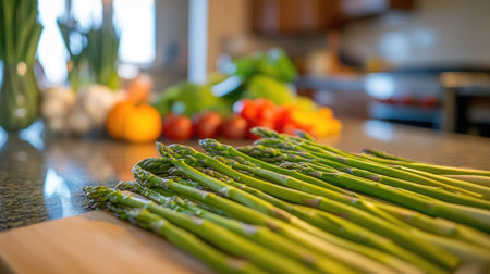Fresh asparagus spears spread out on a kitchen countertop with colorful vegetables in the background.の素材