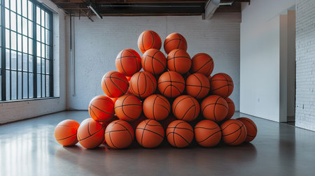 Stack of vibrant orange basketballs neatly arranged on the gym floor, ready for practice.の素材