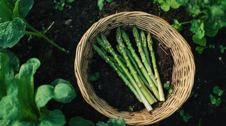 Freshly harvested asparagus spears in a woven basket, surrounded by garden soil and small green leaves.の素材
