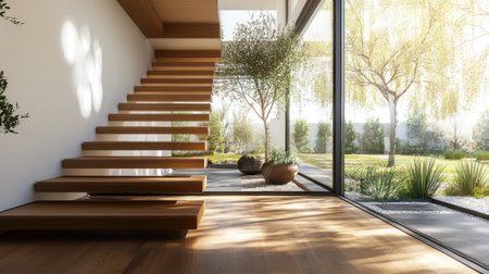 Floating wooden stairs in a contemporary home, complemented by a large floor-to-ceiling window providing natural light.の素材