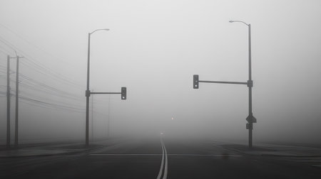 A foggy highway intersection with traffic lights barely visible, creating an eerie and surreal mood.の素材