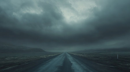 A foreboding sky filled with thick black clouds above a deserted road, emphasizing the coming storm.の素材