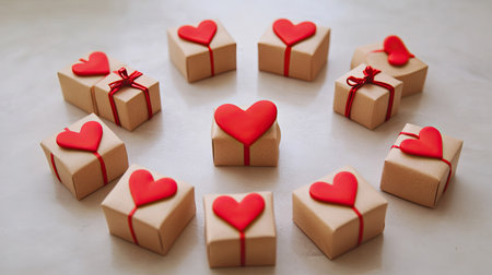 Small Valentine's Day gift boxes arranged in a circle with red hearts filling the center.の素材