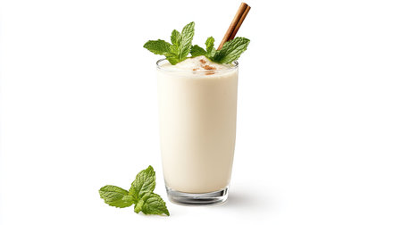 A glass of vanilla protein shake, garnished with a cinnamon stick and fresh mint leaves.の素材
