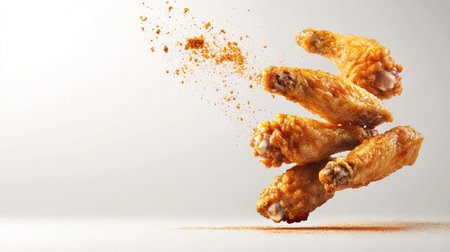 Golden, crispy chicken wings roasted to perfection, with a burst of spices flying above them, isolated on a white background.の素材