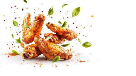 Golden roasted chicken wings seasoned with fragrant spices, with seasonings flying in the air, isolated against a white backdrop.の素材