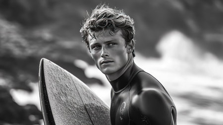 A fit young man in a wetsuit holding his surfboard, standing on a rocky beach with waves crashing nearby.の素材