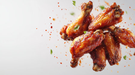 Crispy roasted chicken wings with aromatic spices flying in the air, creating a tantalizing effect on a clean white background.の素材