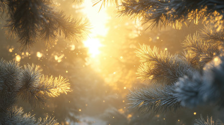 Snowy pine branches framing a golden sunbeam in the middle of a quiet winter forest.の素材
