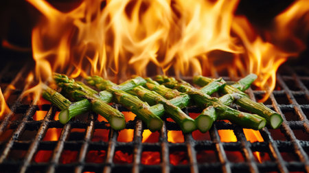 Green asparagus arranged in a crisscross pattern on a barbecue grill, surrounded by flames.の素材