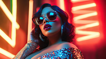 A glamorous woman in metallic sunglasses and a sparkly evening dress, posing under vibrant neon lights.の素材
